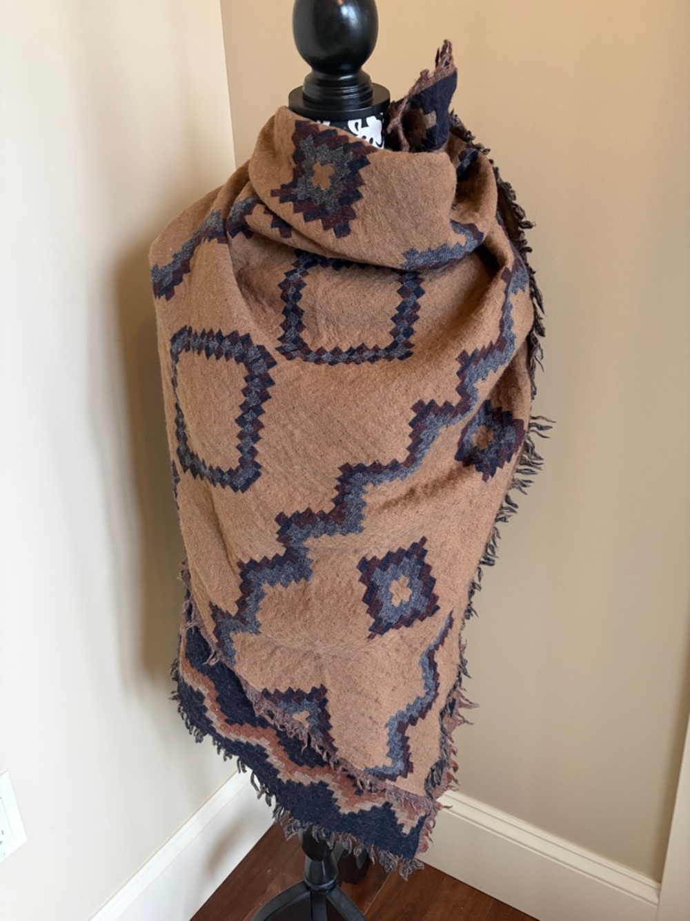 Wilfred Navy and Camel Geometric Wool Blanket Scarf